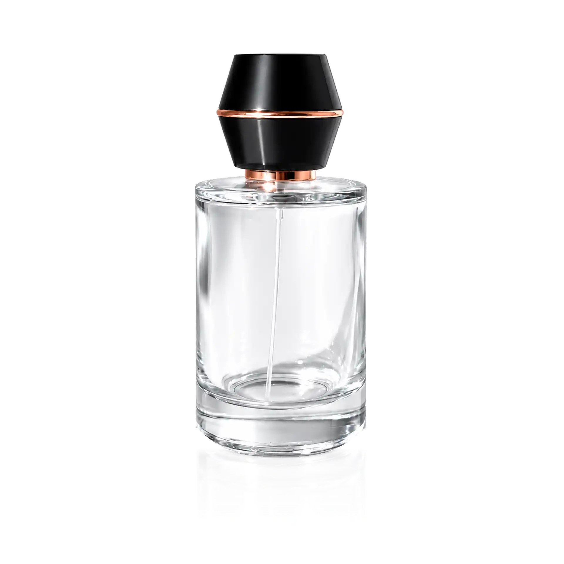 Parfümflakon, Glasflasche, transparentes Glas, schwarzer Verschluss, roségoldene Details