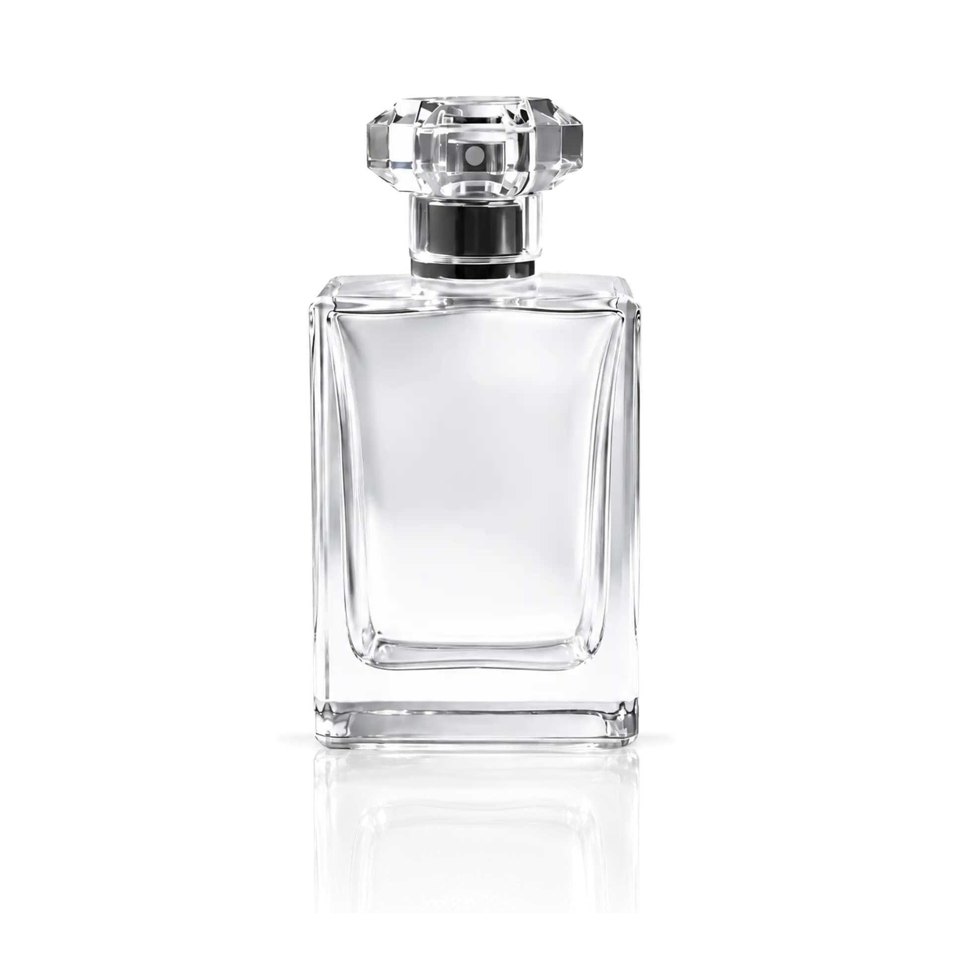 Parfümflakon, Glasflasche, transparent, rechteckig, Facettierter Verschluss