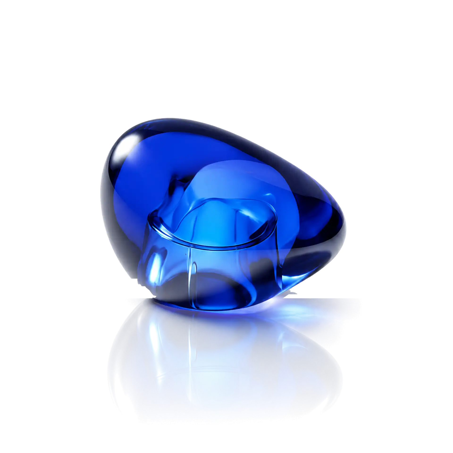 blaue Glasskulptur, abstrakte Form, transparentes Glas, glänzende Oberfläche
