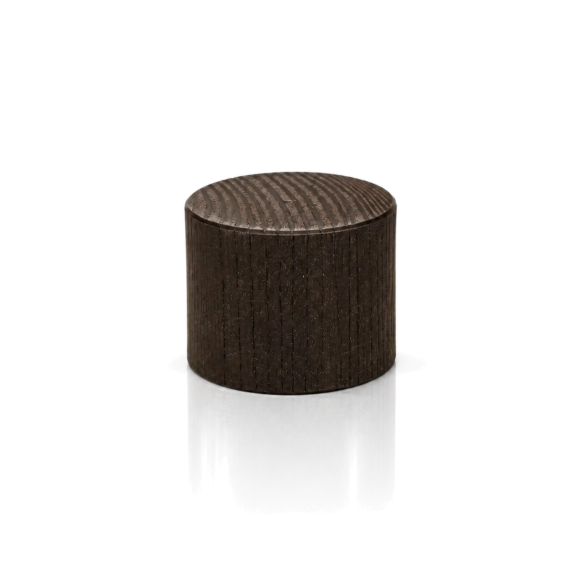 Sitzhocker, Holz, zylindrisch, dunkelbraun, gerillte Oberfläche