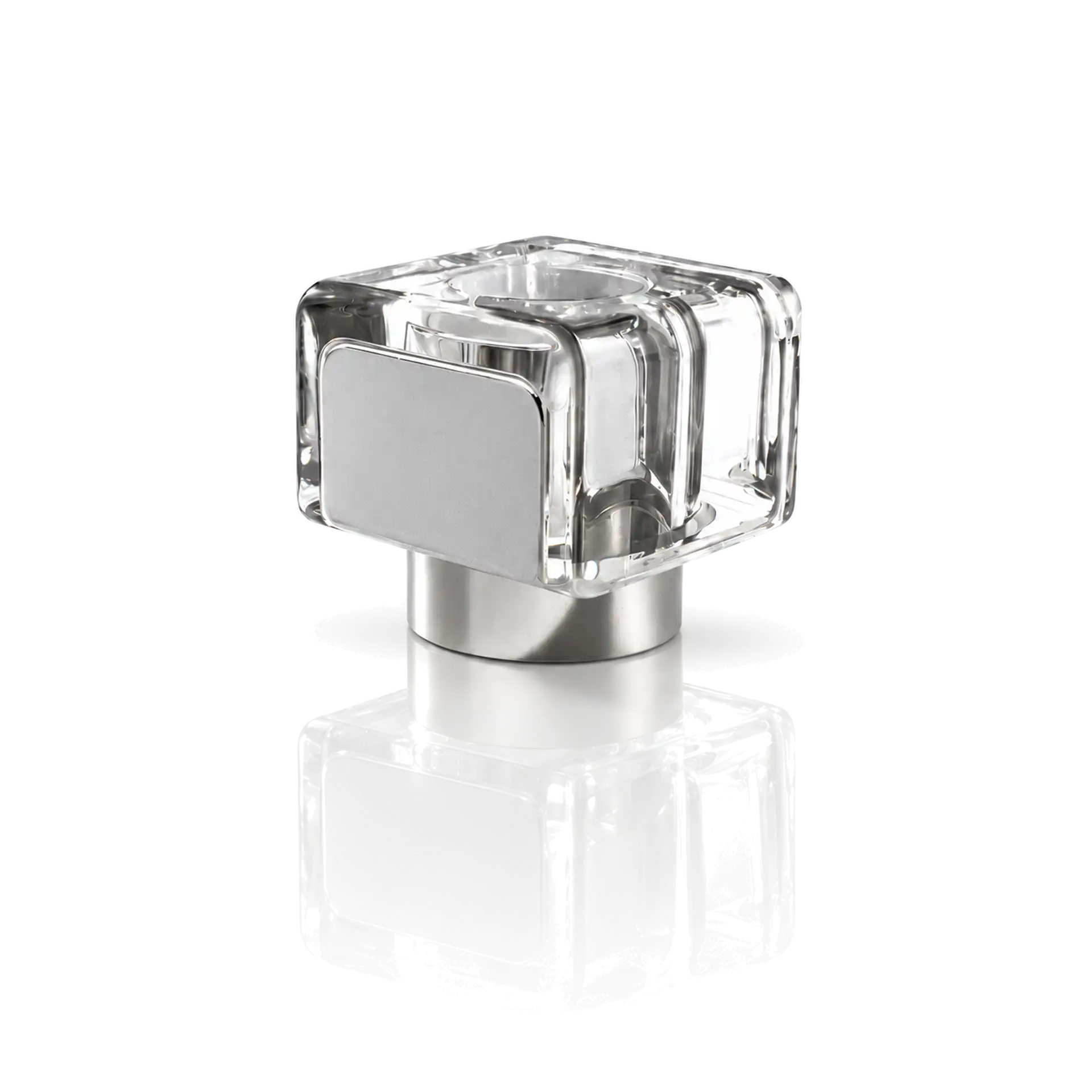 Glasobjekt, transparent, quadratisch, Edelstahl, zylindrischer Sockel