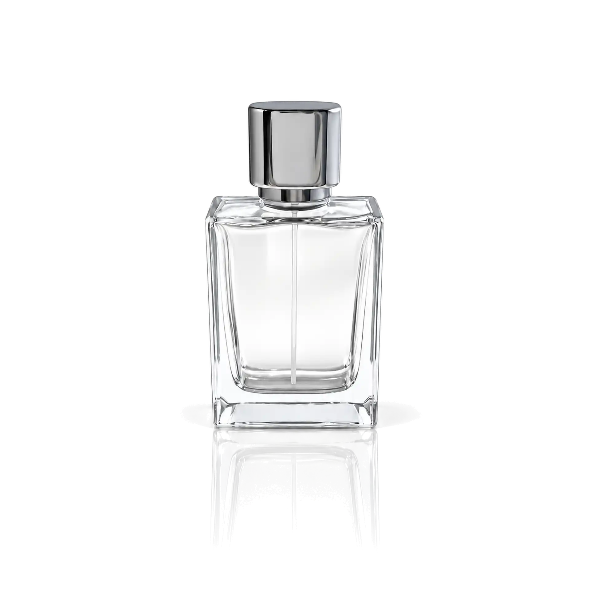 Parfümflakon, Glasflasche, transparenter Flakon, silberner Verschluss, rechteckige Form