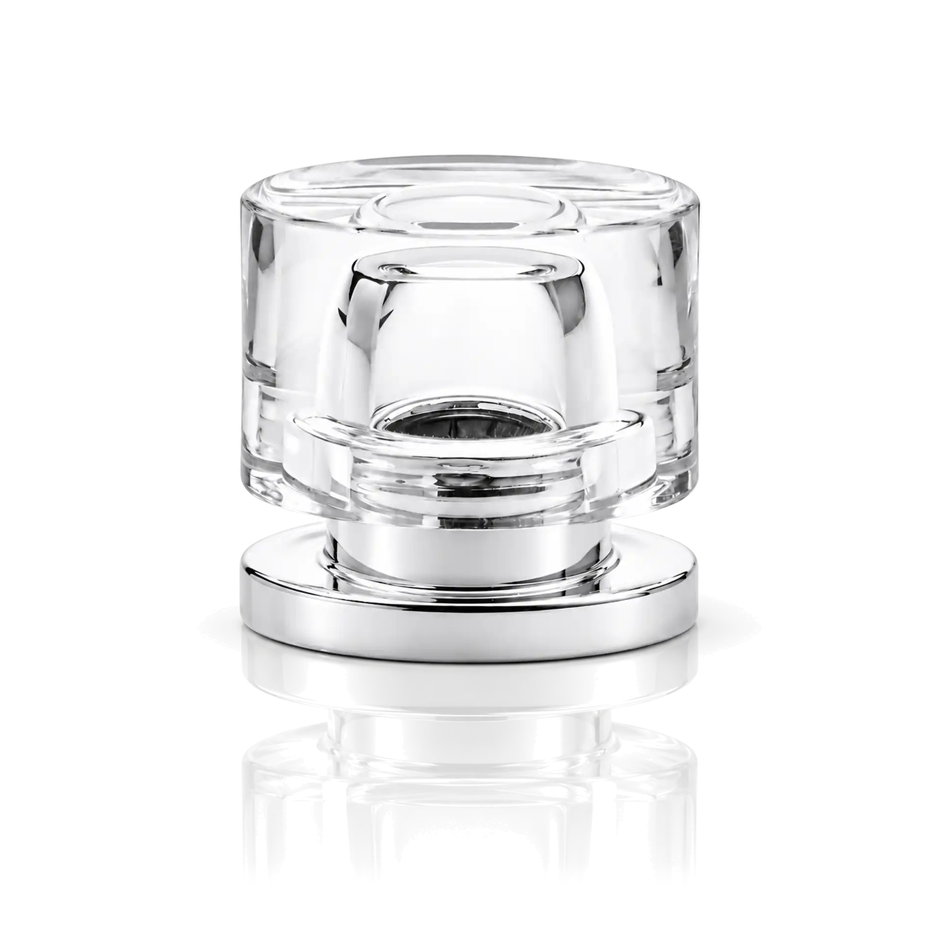 Kappe und Kragen transparent/ silber Möbelknopf, transparentes Glas, zylindrische Form, Chromsockel
