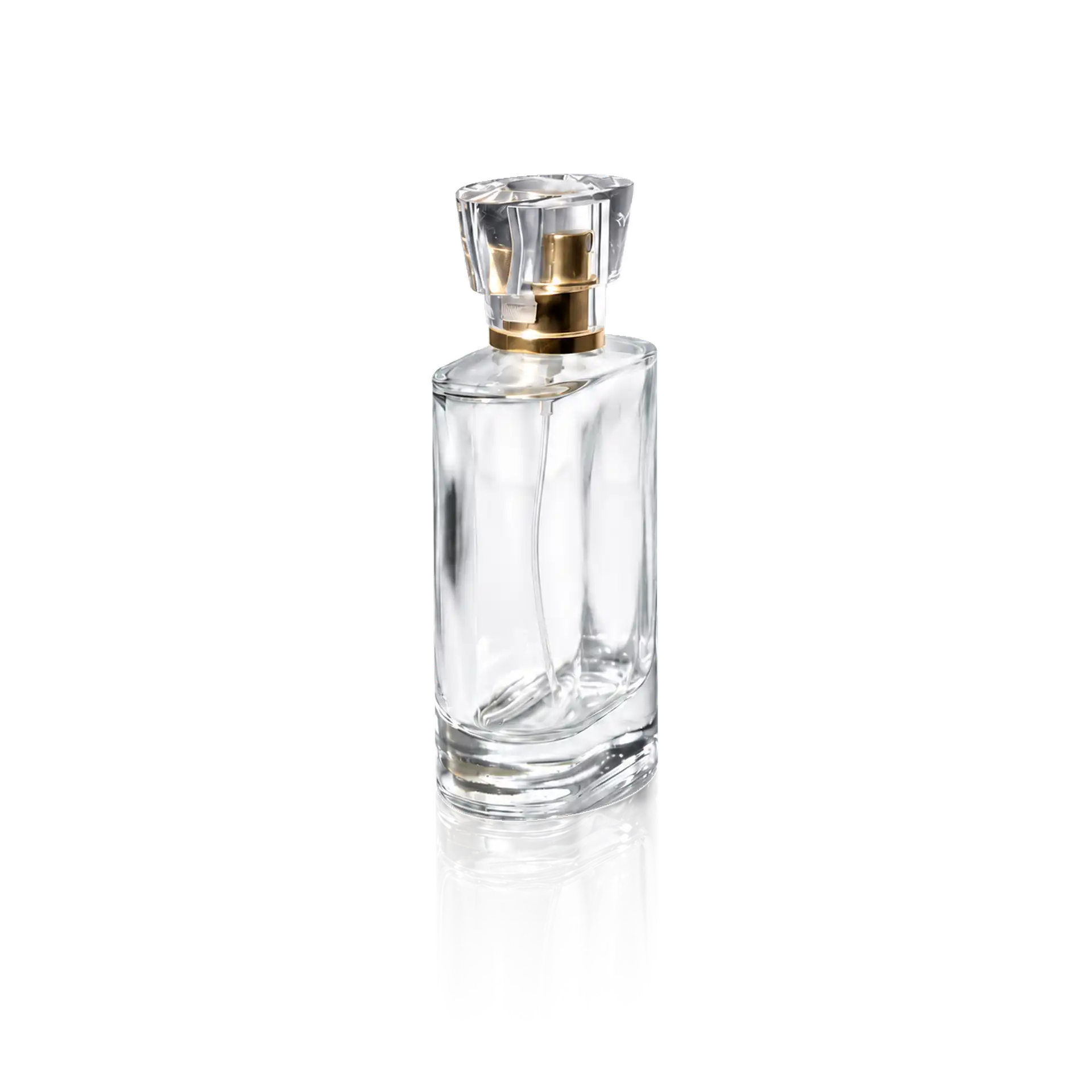 Parfümflakon, Glasflasche, transparentes Glas, goldener Verschluss, facettierter Deckel