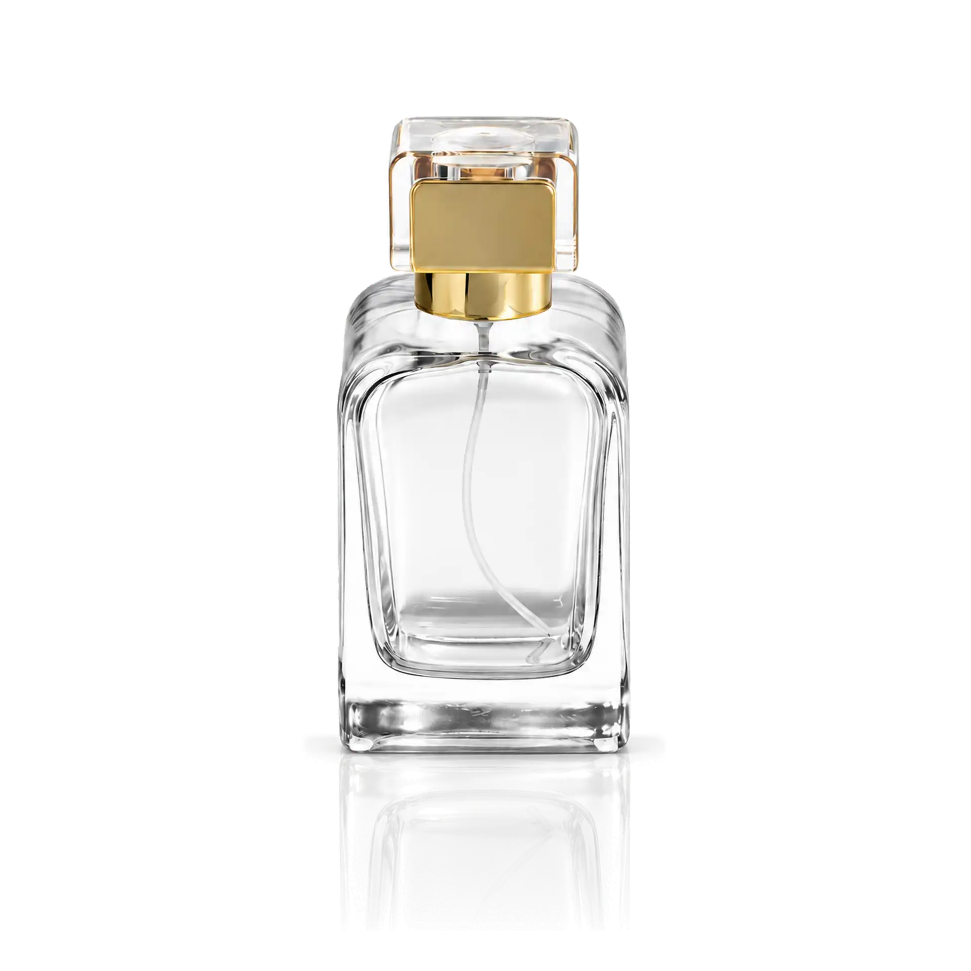 Parfümflakon, klares Glas, goldener Verschluss, transparent