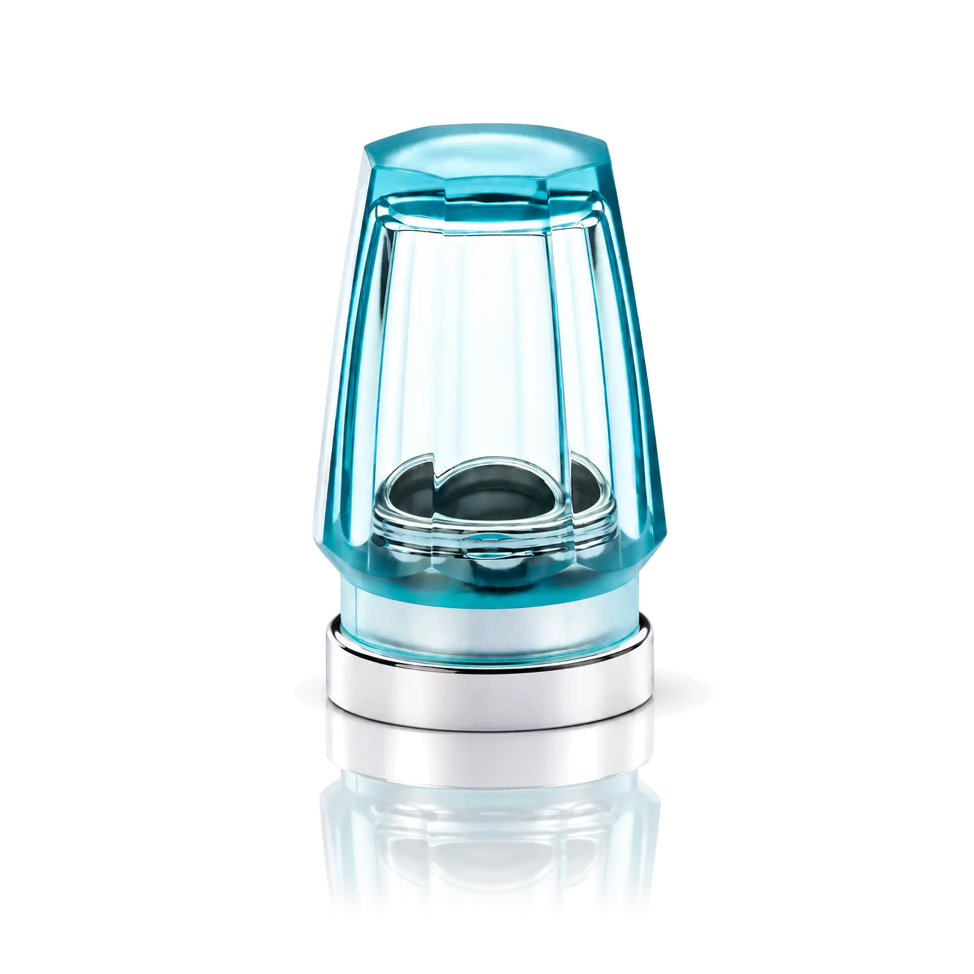 Glasobjekt, Türkis transparent, Edelstahlfuß, Zylindrische Form