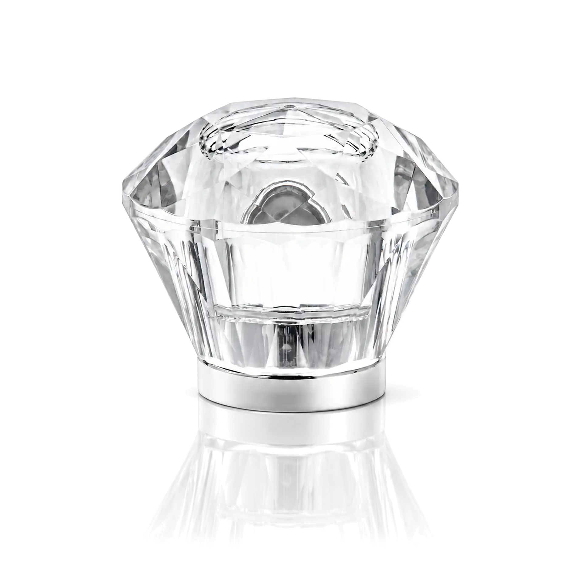 Kappe und Kragen Surlyn transparent/ silber Kunststoffknauf, transparent, facettierte Form, silberner Sockel, Möbelgriff