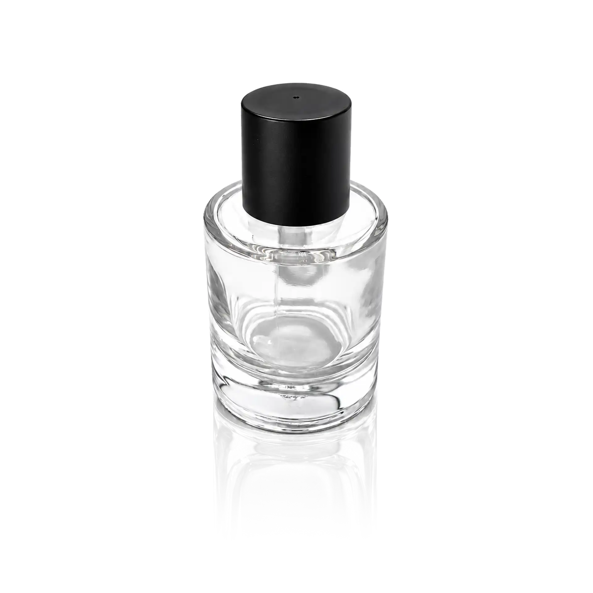 Parfümflakon, Glasflasche, Schwarzer Verschluss, Zylindrische Form