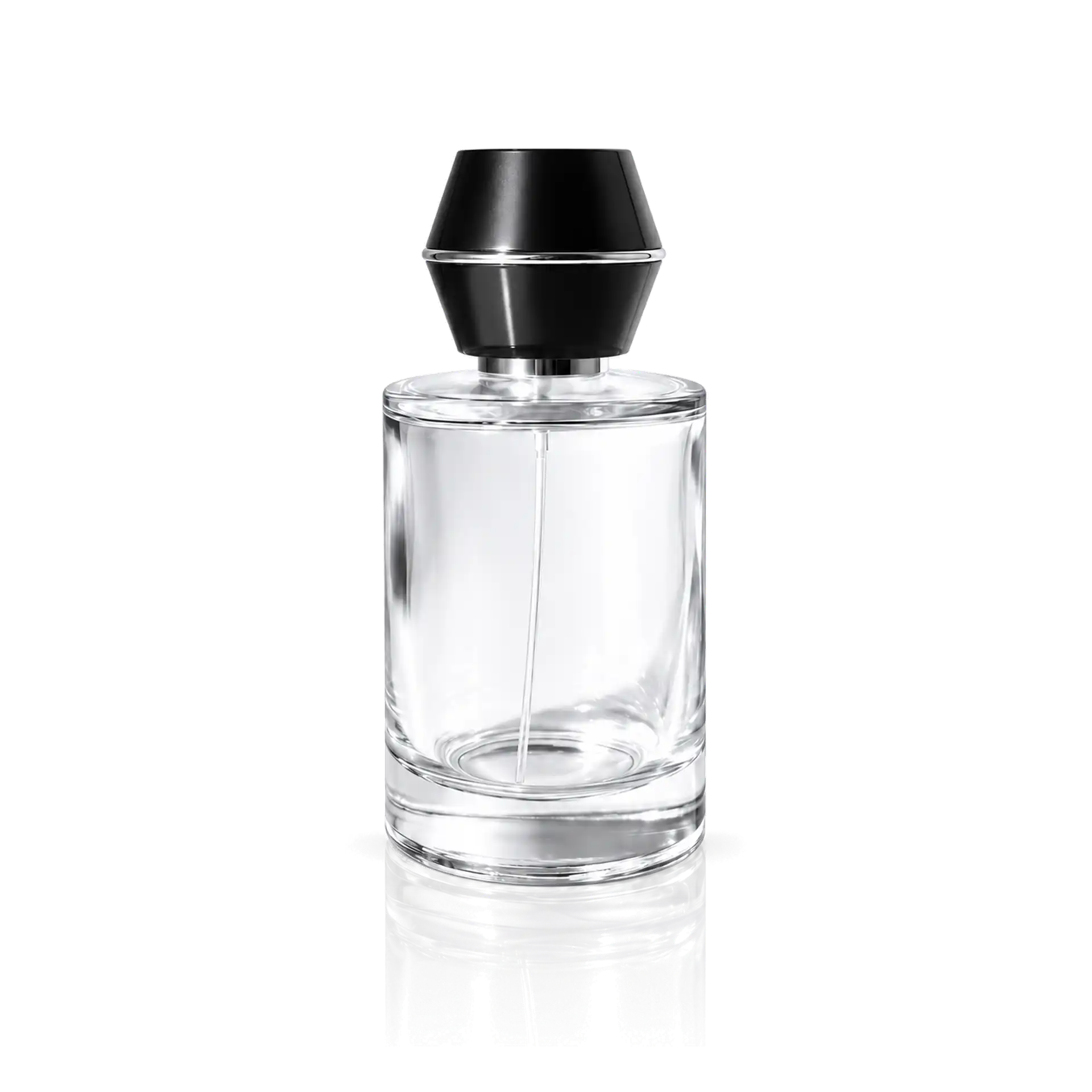 Parfümflakon, Glasflasche, Transparentes Glas, Schwarzer Verschluss, Zylindrische Form