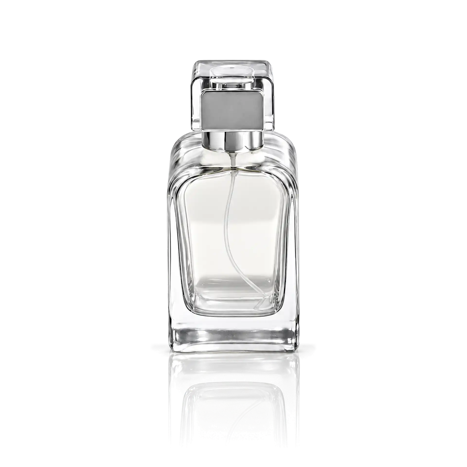 Parfümflakon, Glasflasche, transparenter Flakon, silberner Sprühkopf, eckige Form