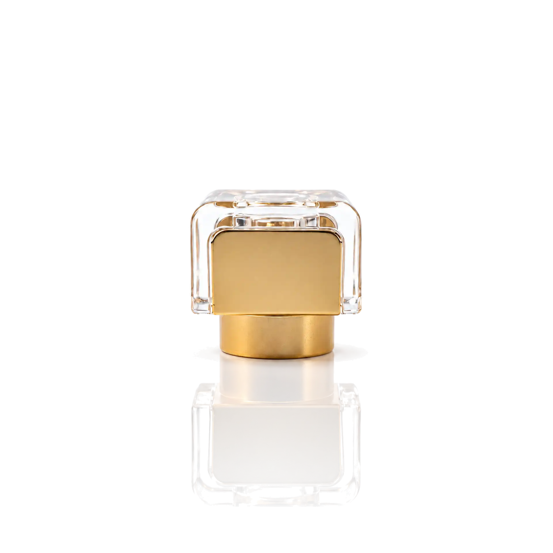 Parfümflakon, Transparentes Glas, Goldener Verschluss, Eckige Form, Cremefarbene Flüssigkeit
