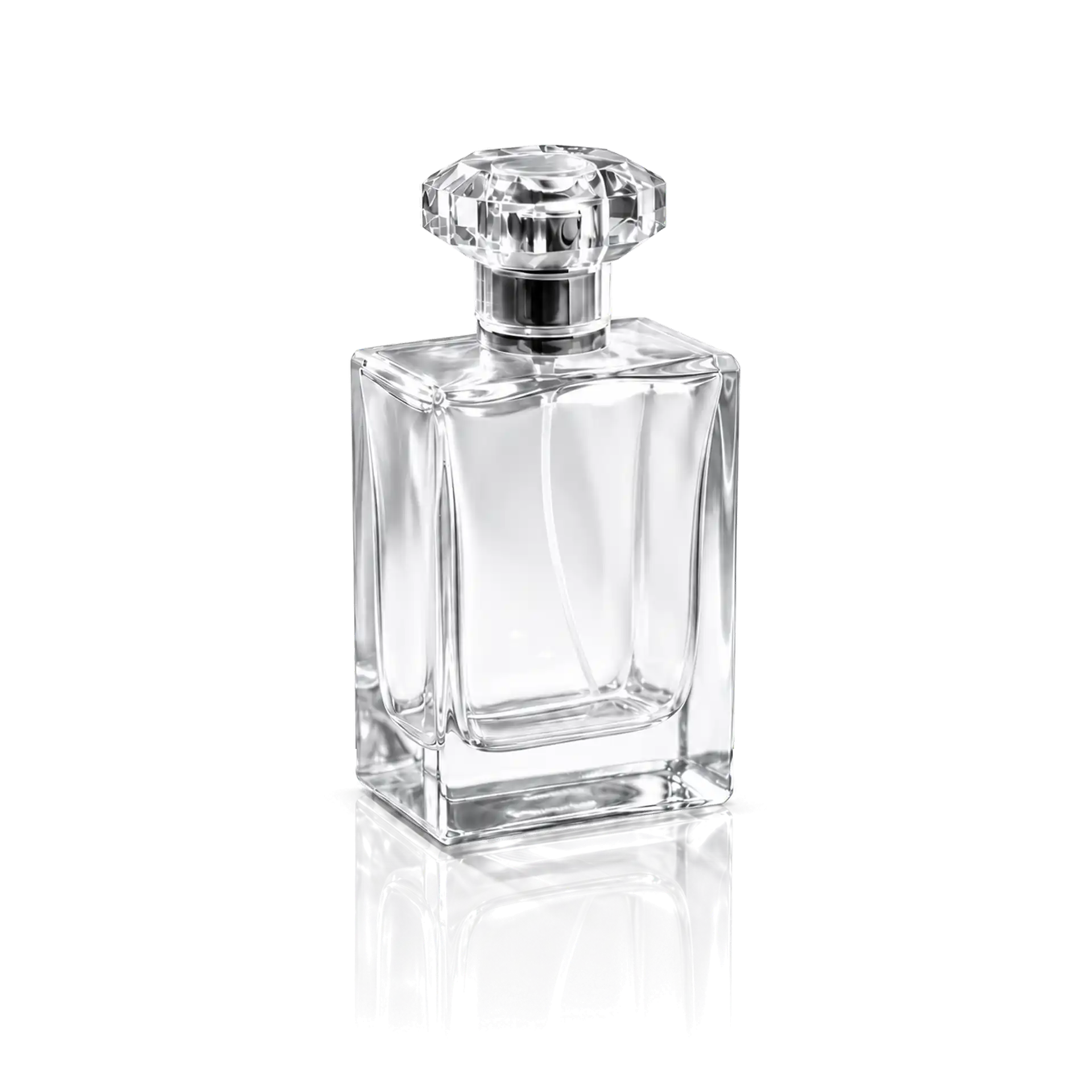 Parfümflakon, Klarglas, rechteckige Flasche, facettierter Verschluss
