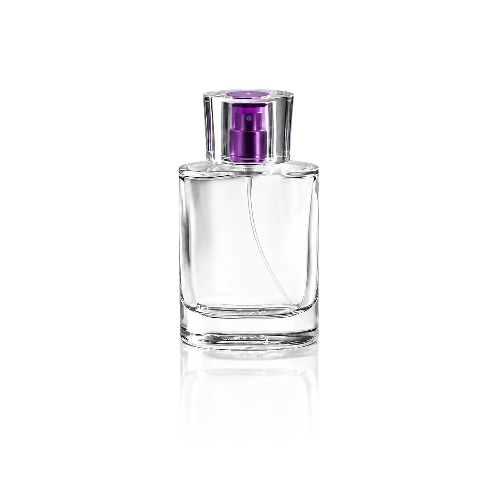 Parfümflasche, Glasflasche, transparenter Flakon, violetter Sprühkopf