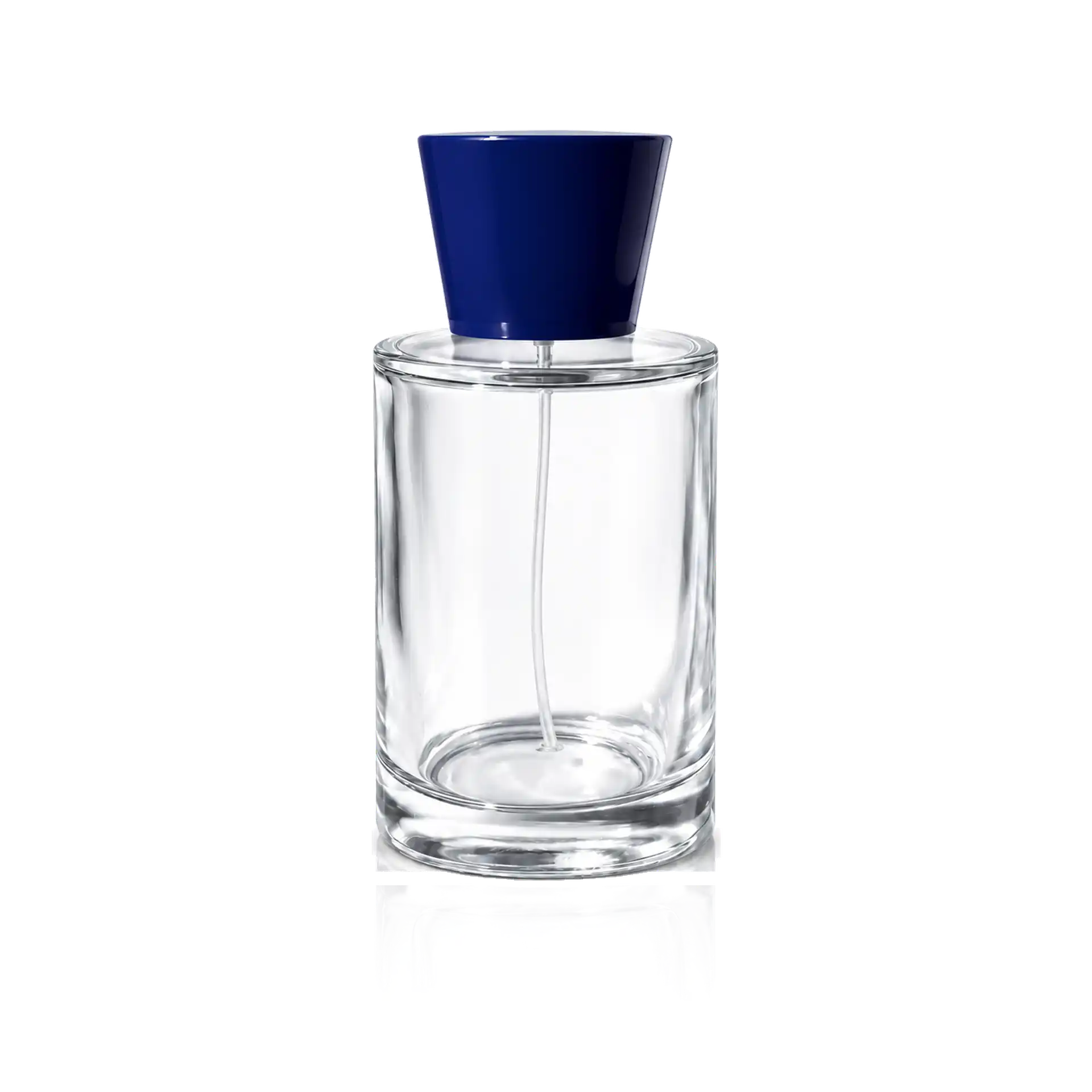 Parfümflasche, Glasflakon, transparenter Flakon, blauer Verschluss, Sprühkopf