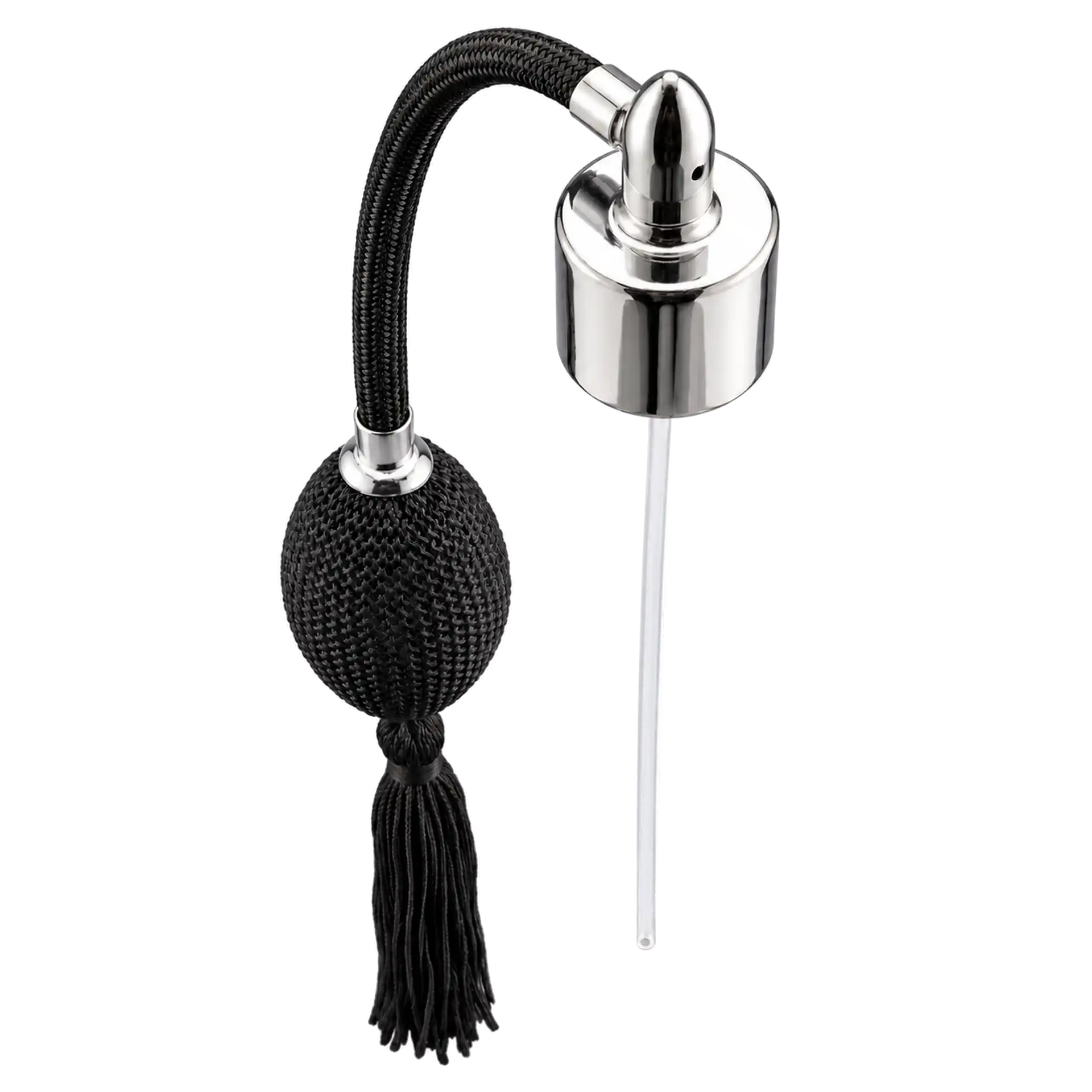Parfümzerstäuber, Zerstäuberflasche, schwarzes Geflecht, Metallkopf, Quaste