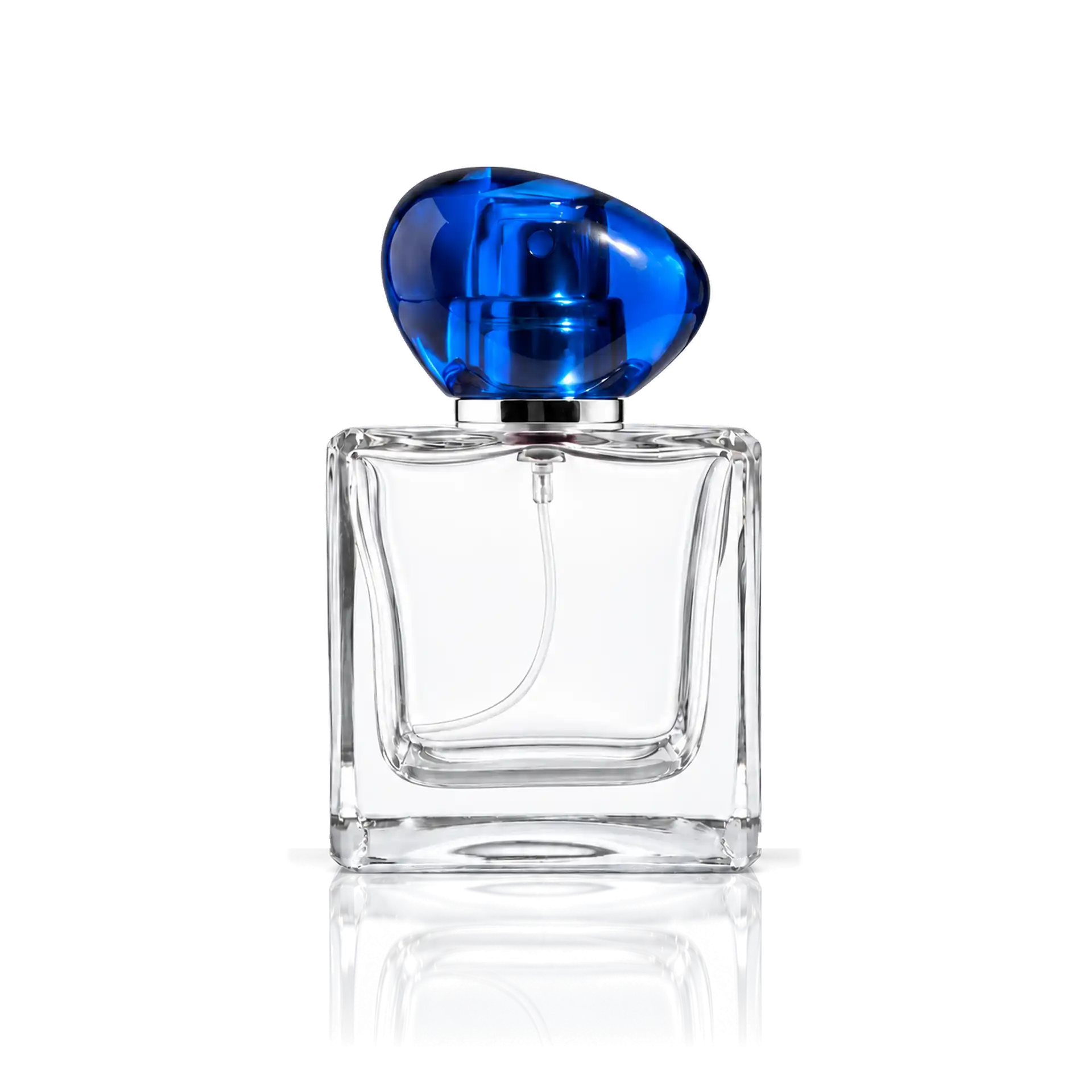 Parfümflakon, Glasflasche, transparenter Flakon, blauer Verschluss, Sprühzerstäuber