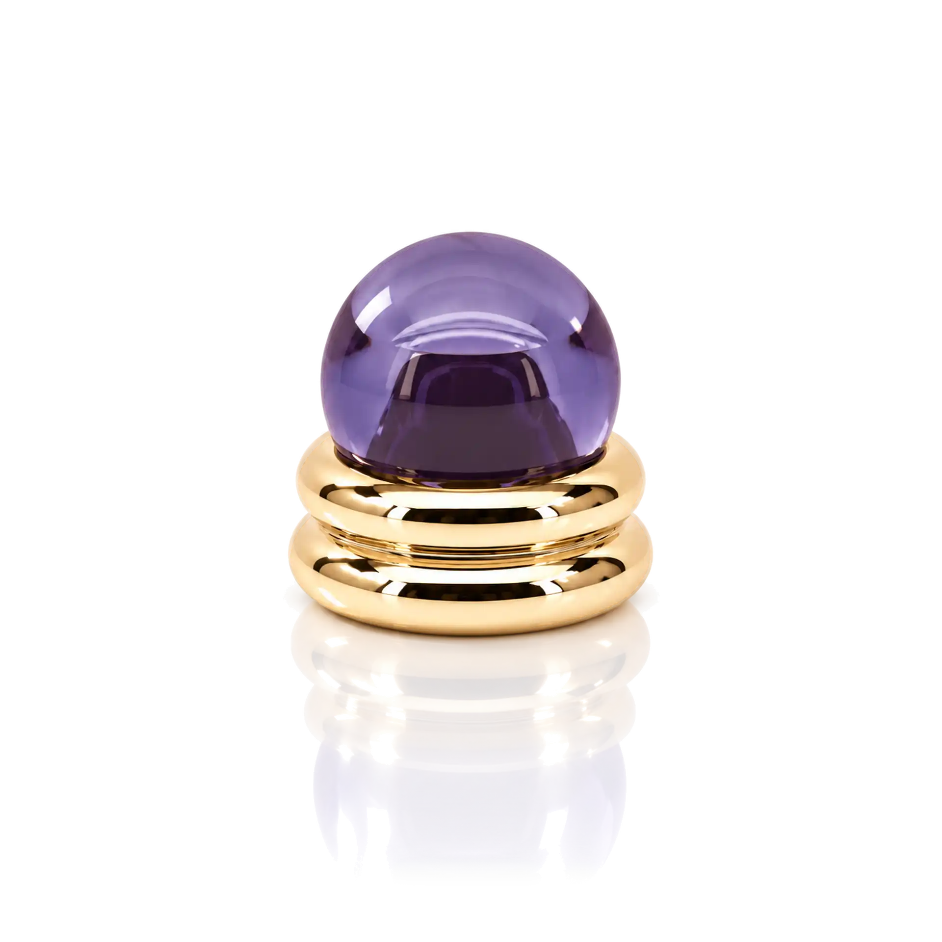 Parfümflakon, Glaskugel, violettes Glas, goldfarbener Sockel, rundes Design