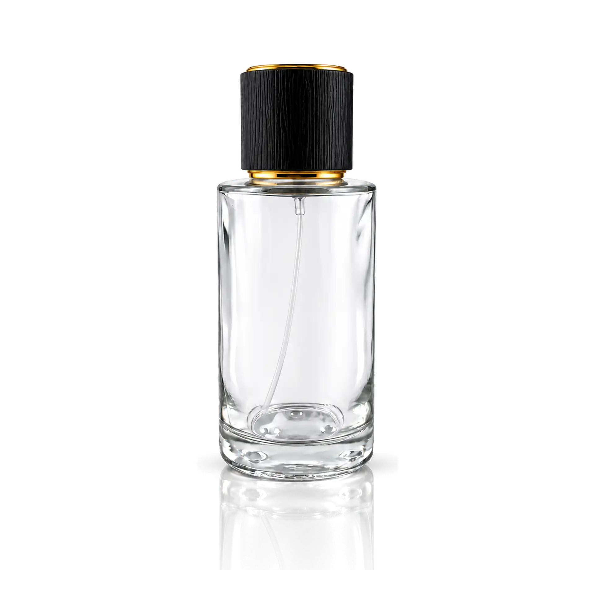 Parfümflakon, Glasflasche, Transparenter Flakon, Schwarzer Verschluss, Goldfarbene Details
