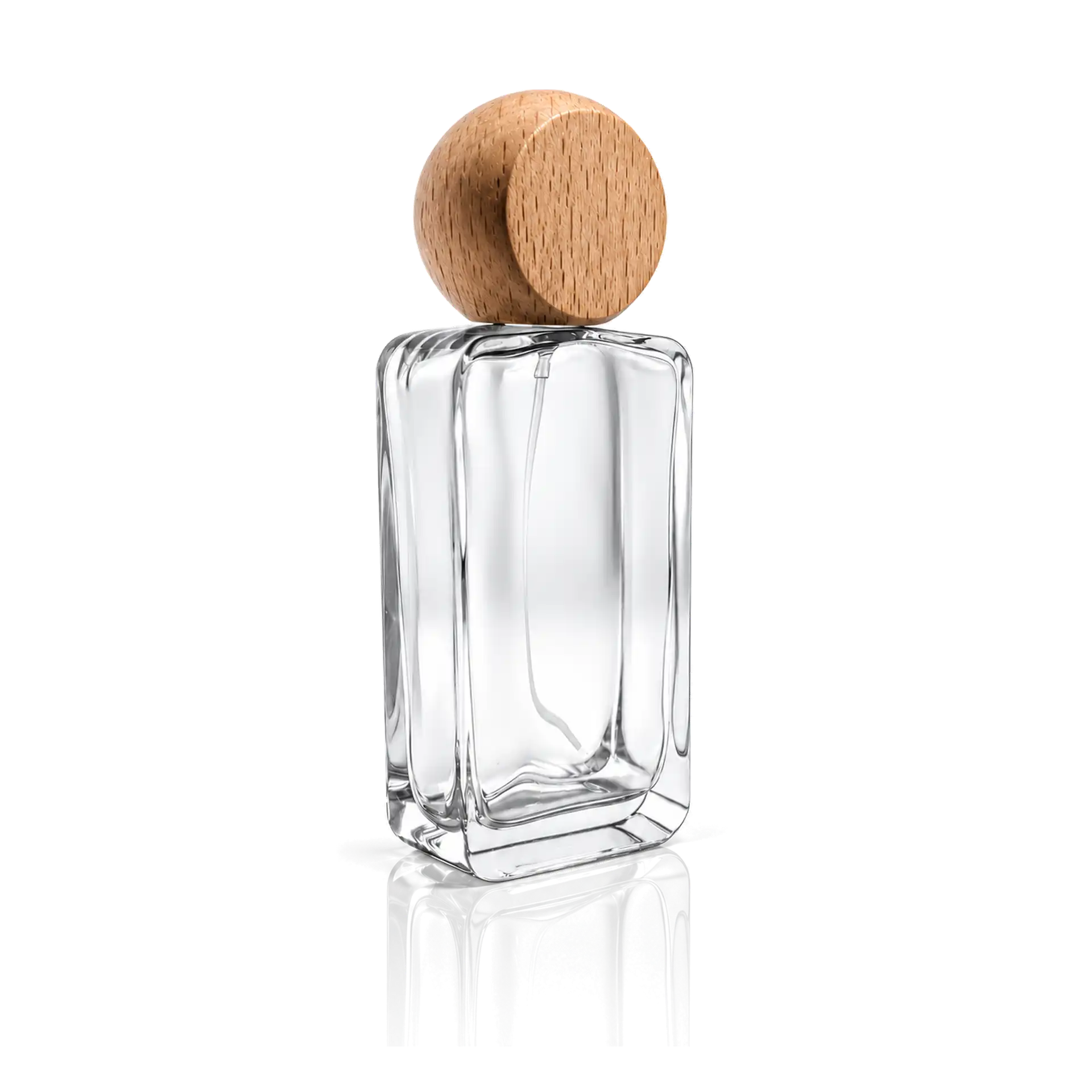 Parfümflakon, Glasflasche, Holzverschluss, Transparent, Rechteckige Form