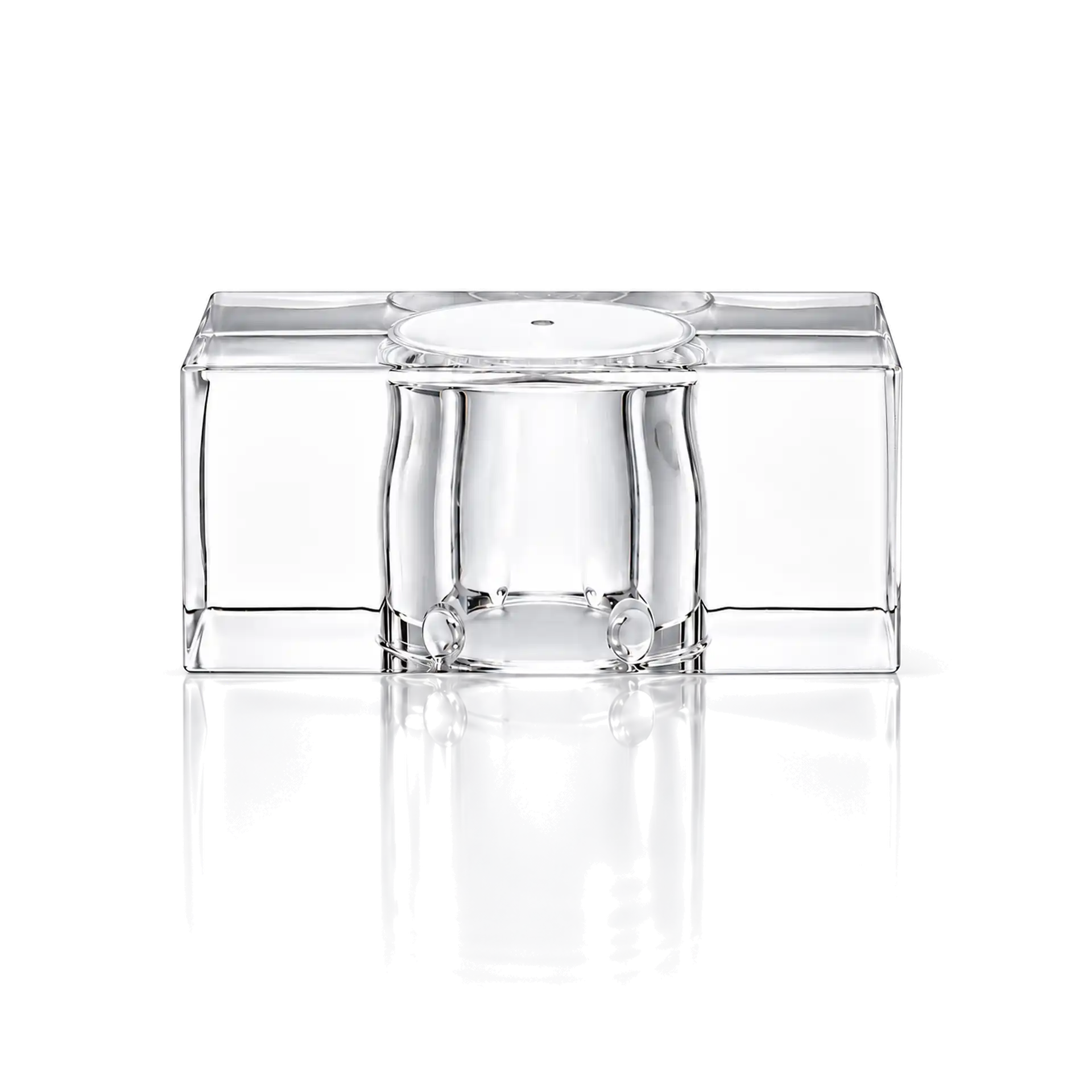 Glasobjekt, transparentes Glas, würfelförmig, zylindrischer Einsatz, Kerzenhalter