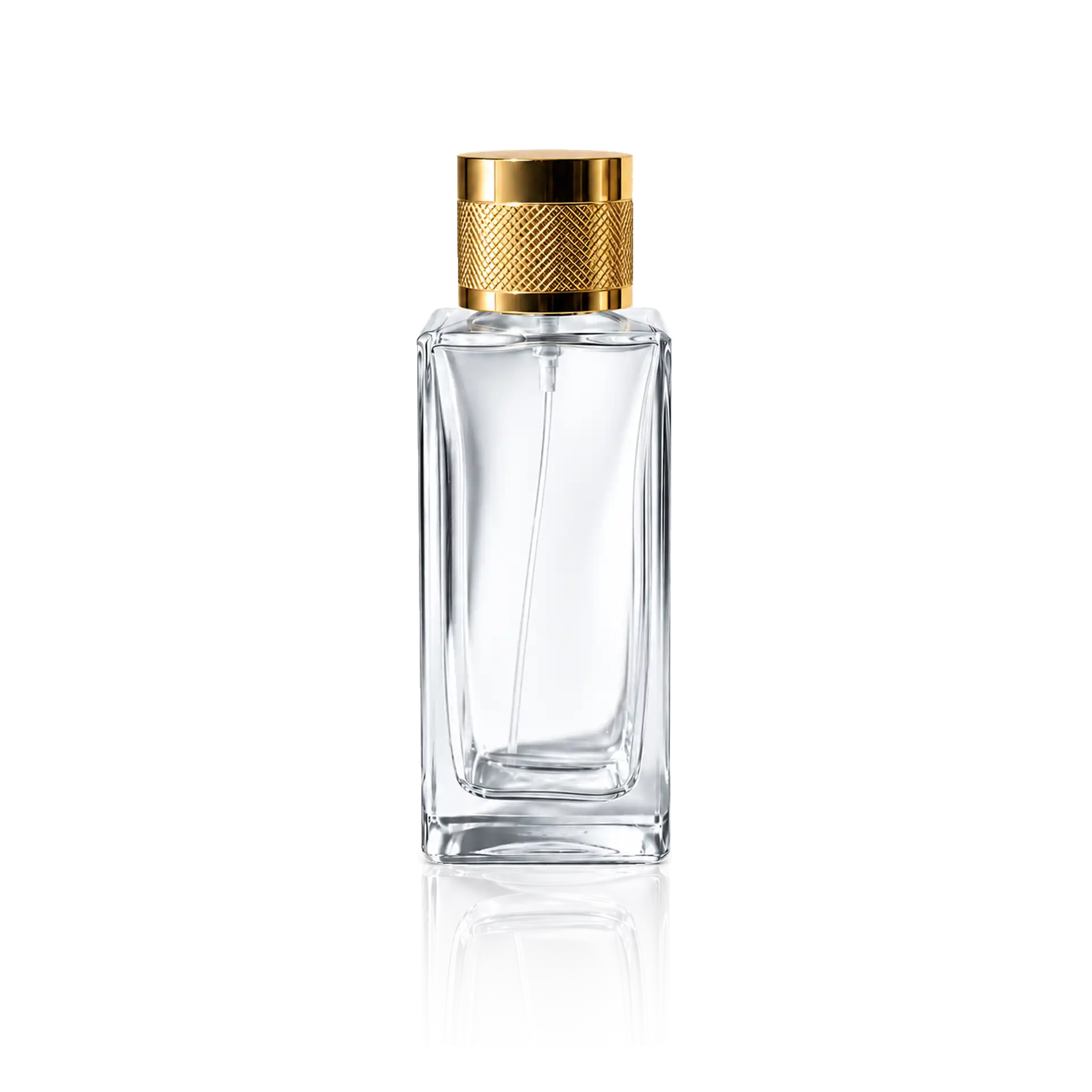 Parfümflakon, Klarglas, goldener Verschluss, rechteckige Flasche