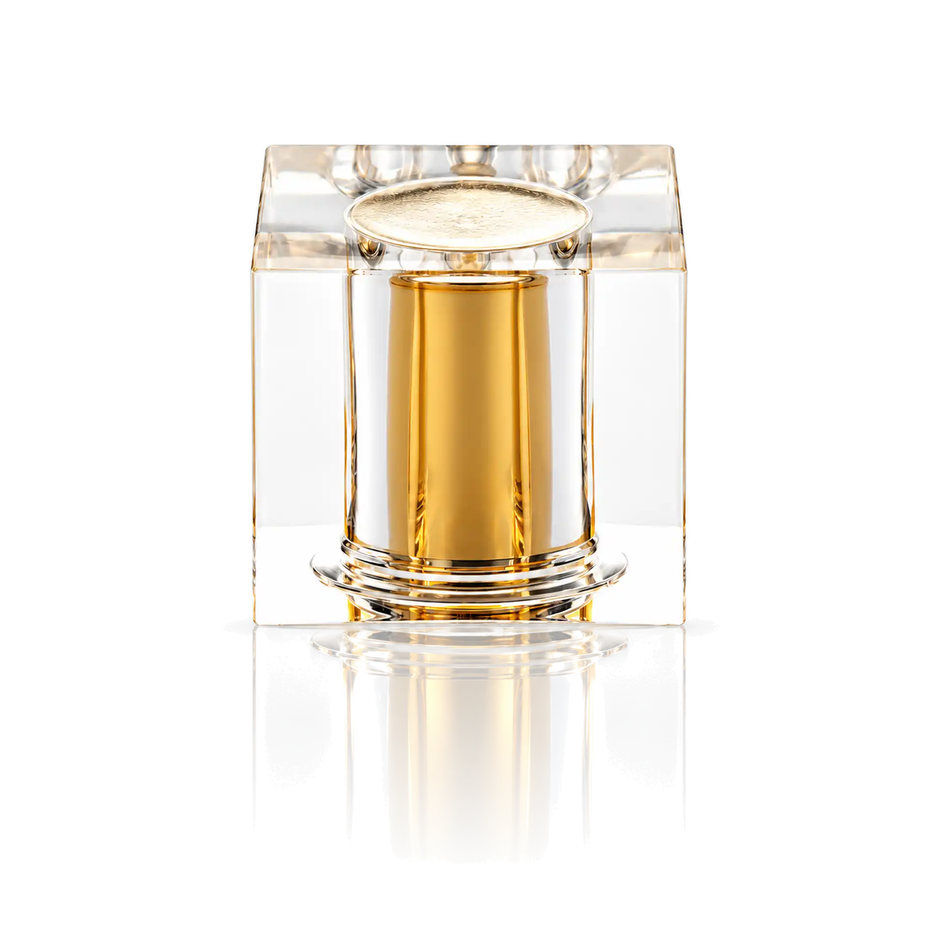 Parfümflakon, transparenter Flakon, goldfarbener Zylinder, eckige Form