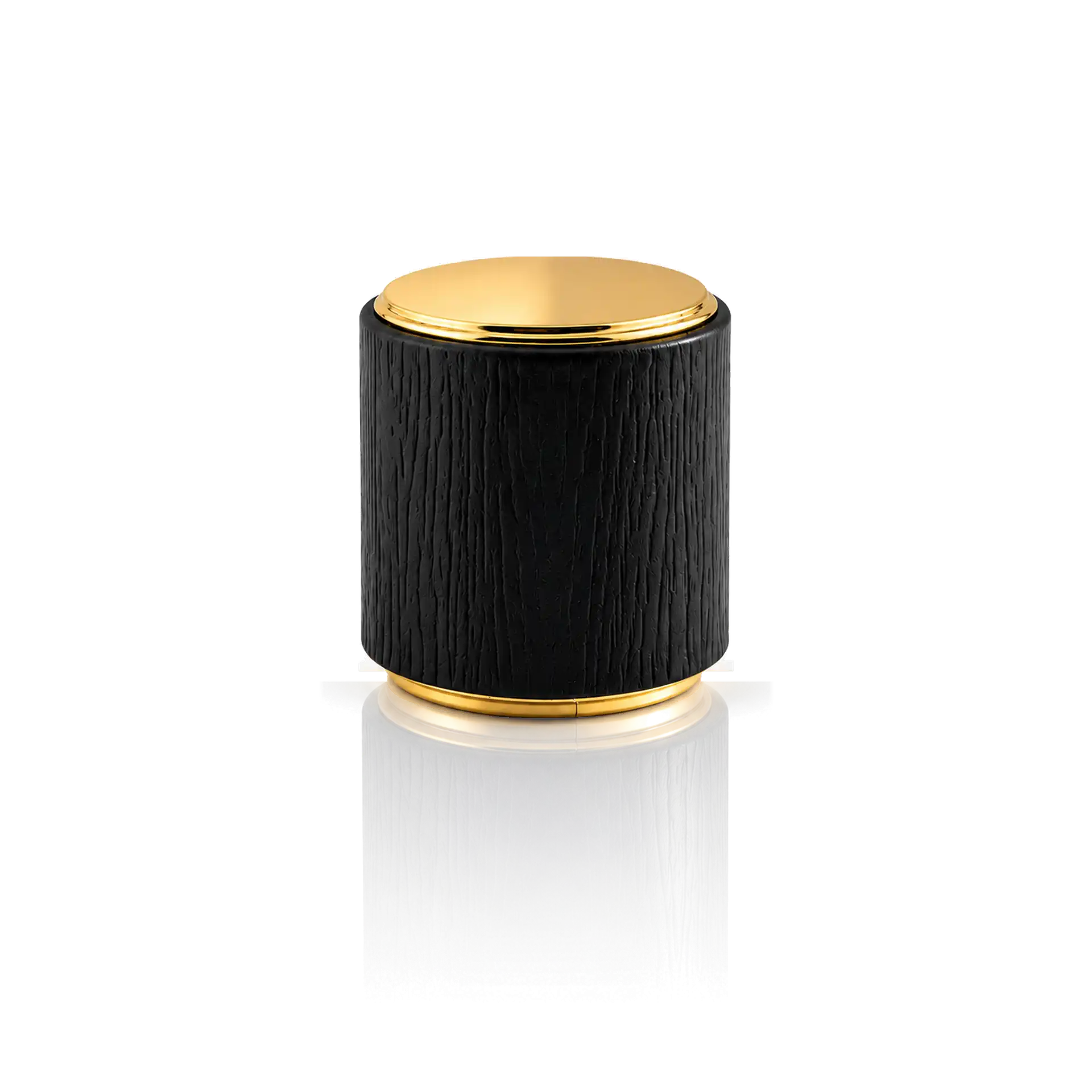 Kappe zylindrisch PP für 94240--/ 701513- gold/schwarz Zylinderdose, Schwarze Holzoptik, Goldfarbener Deckel, Strukturierte Oberfläche