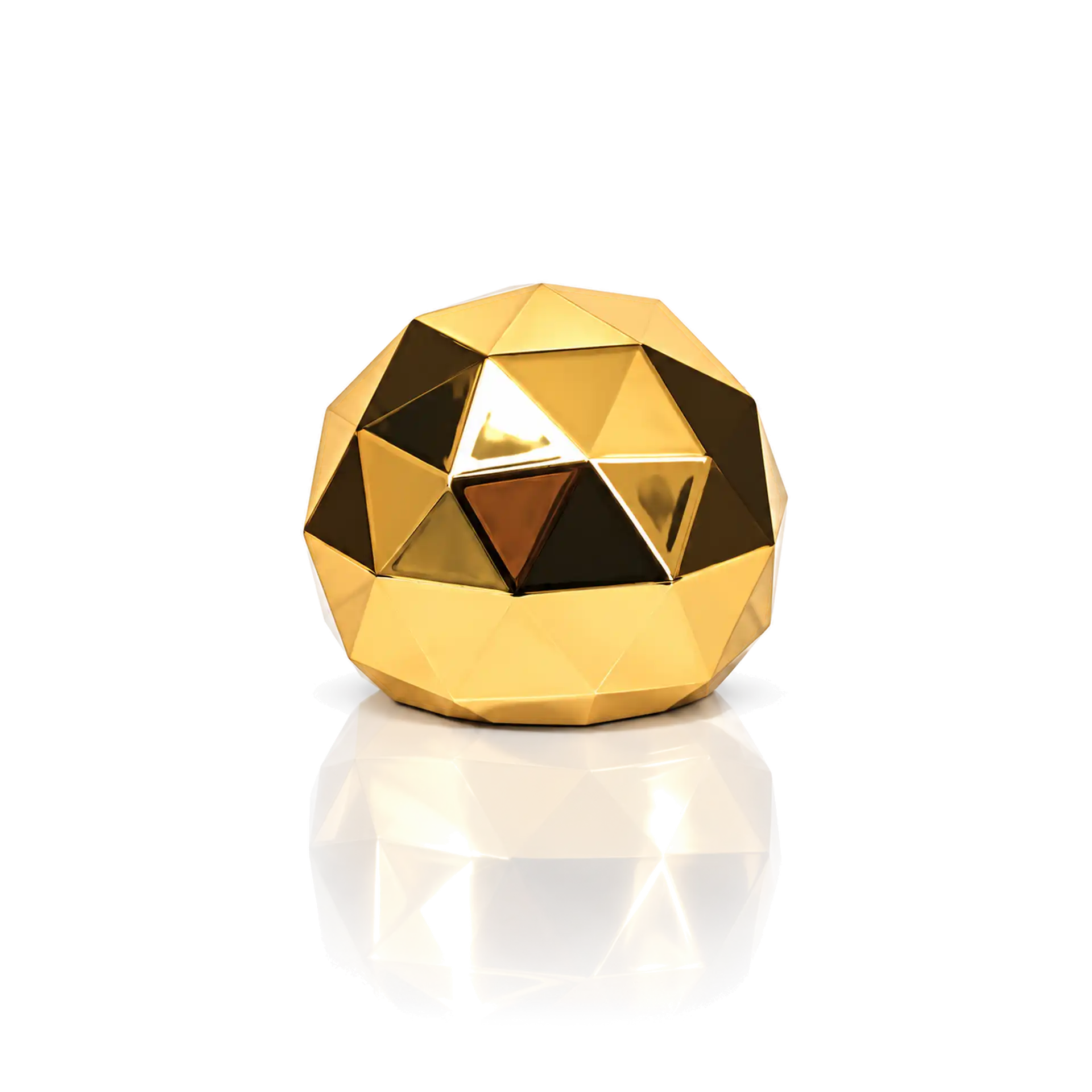geometrische Tischleuchte, goldfarben, facettierte Oberfläche, Dreiecksdesign, LED-Licht