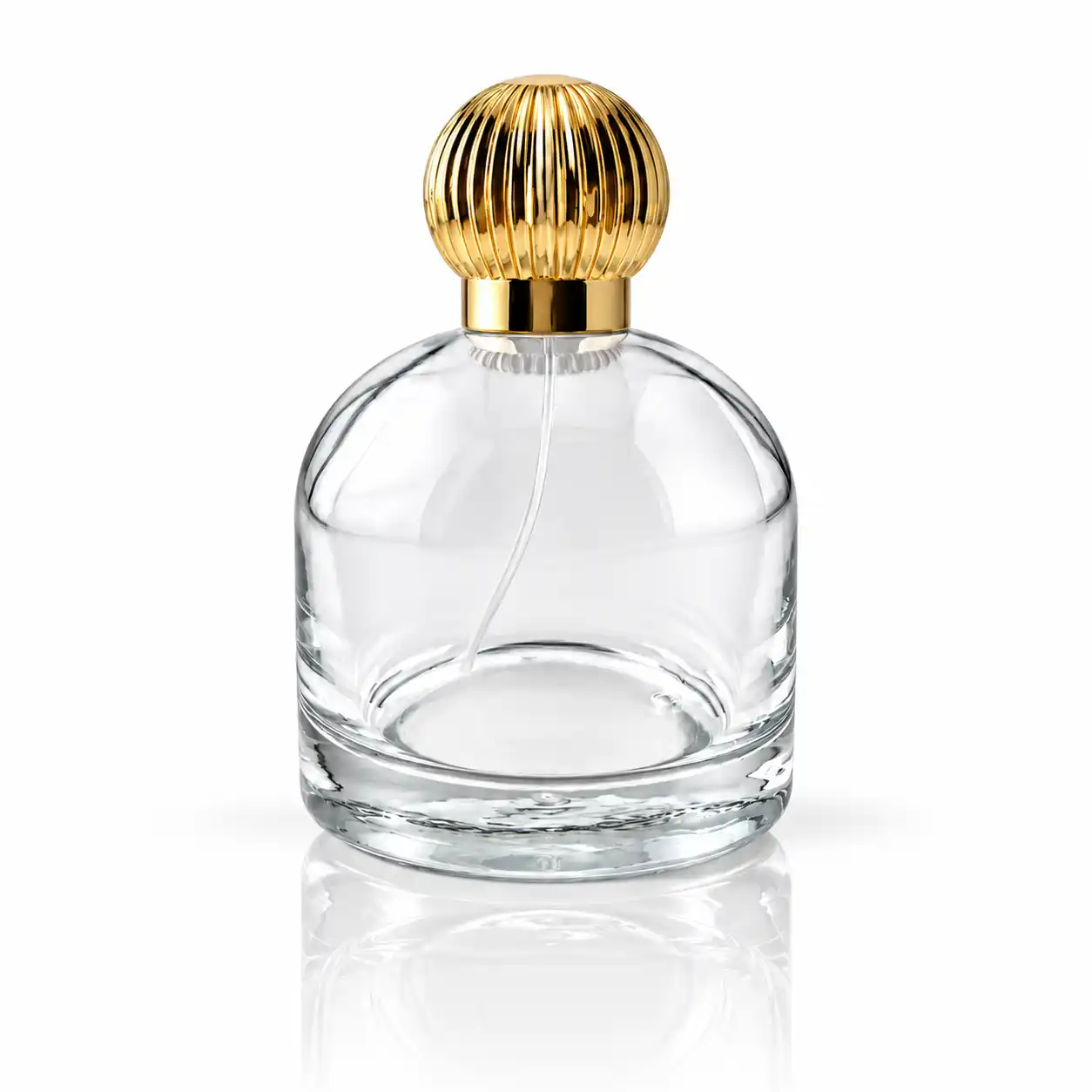 Parfümflakon, Glasflasche, transparenter Flakon, goldener Verschluss, gerippter Deckel